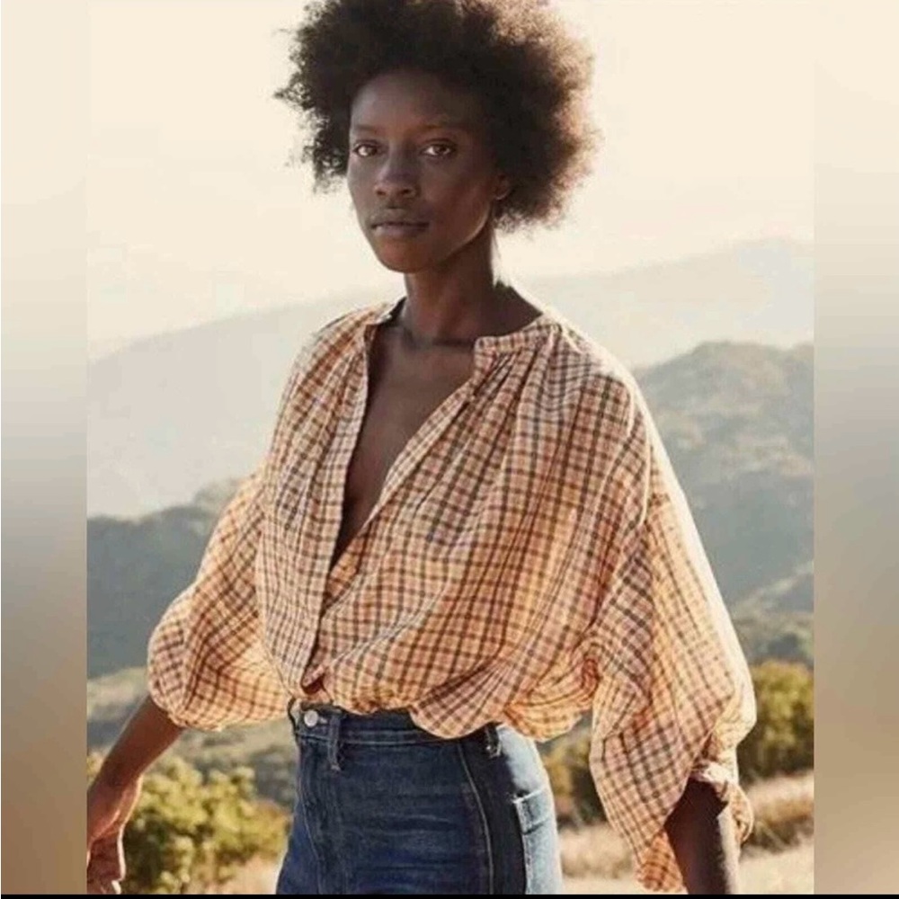 Casual Plaid Button Down Shirt - Cream and Orange